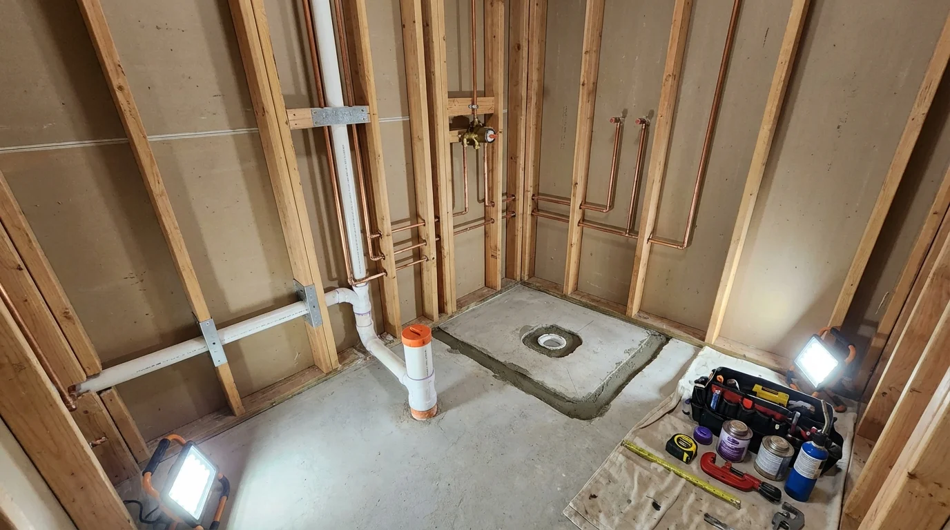Bathroom rough-in plumbing during remodel by Johns Plumbing LLC in Alexandria