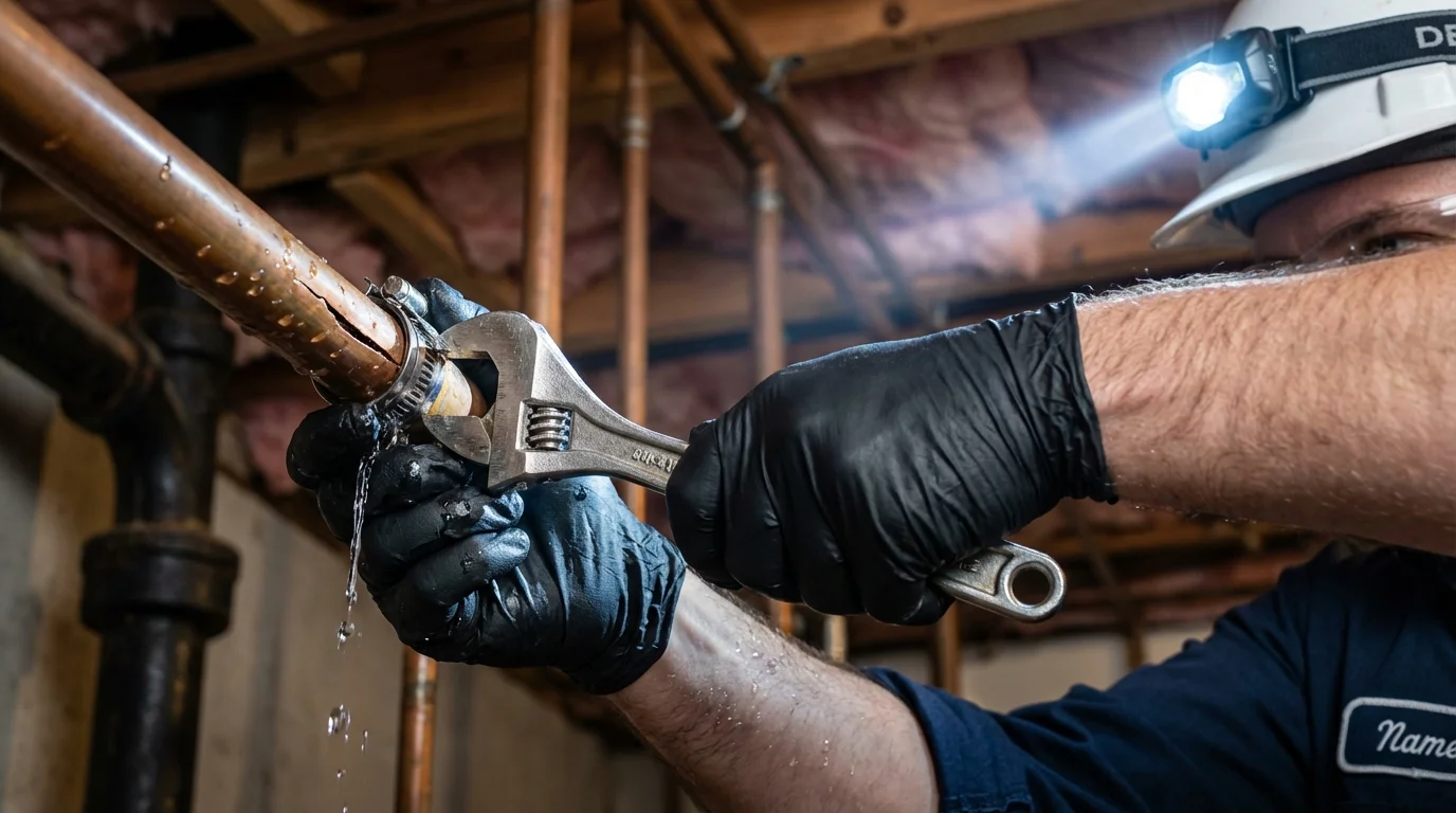 Emergency pipe clamp repair being performed by a Johns Plumbing LLC plumber in Alexandria